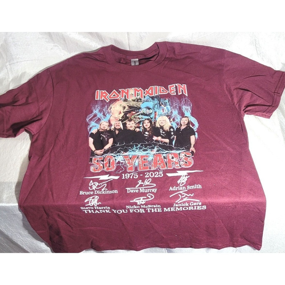 Iron Maiden 50 Years Thanks for the Memories Heavy Cotton T-Shirt Burgundy Large